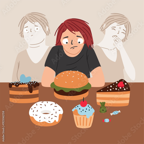 Sick young woman suffering from bulimia makes a choce about food. Weight loss vector illustration