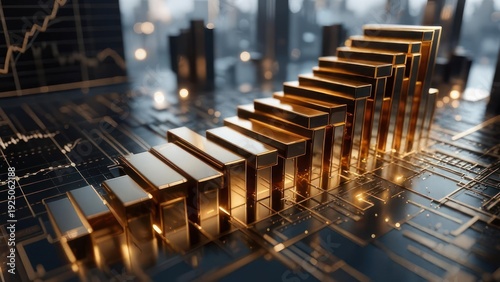 Gleaming gold staircase graph rises against a cityscape, suggesting financial success & progress