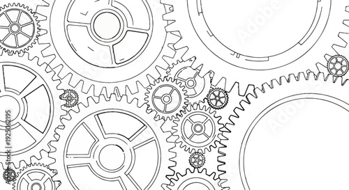 Interlocking gears in a close-up, sketch-style view, creating a mechanical pattern