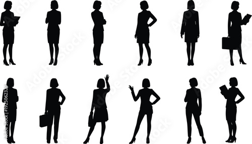Professional women flat vector silhouettes in business attire poses holding folders briefcases books standing confident diverse corporate workplace illustration design