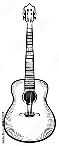 Acoustic guitar sketch with detailed frets and strings on a white background
