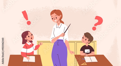 Teacher child question. School children answer teacher questions classroom, tutor mom ask kids home education class cartoon boy girl thinking characters study vector illustration