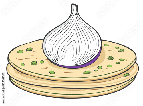Indian flatbread with onion illustration, tawa roti with vegetable and sliced onion culinary concept