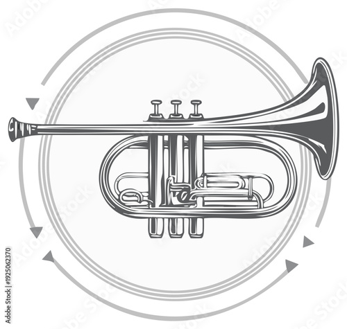 Illustration of Trumpet Musical Instrument Encased in Decorative Round Arrow Frame in Monochrome