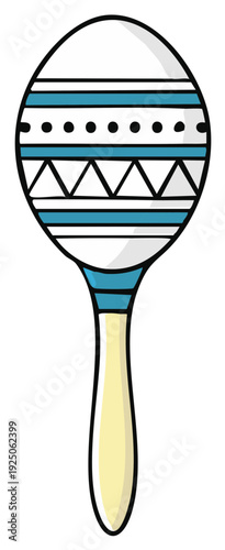 Hand drawn maraca with blue and white decorative patterns and a light yellow handle