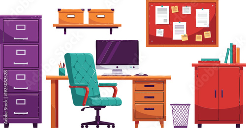 Modern office workspace interior flat vector illustration with computer desk teal swivel chair purple filing cabinet and corkboard, 18 words.