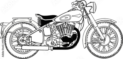 Detailed black and white line drawing of a vintage motorcycle's profile