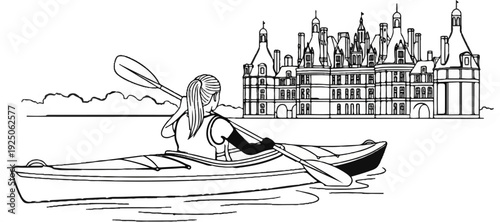 Person kayaking on water in front of a large, detailed castle