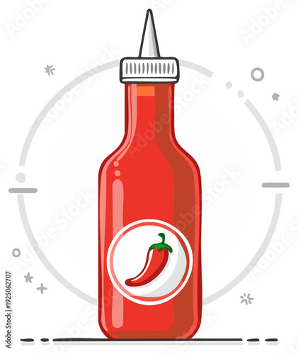 Cartoon illustration of a red hot sauce bottle with a chili pepper label design.