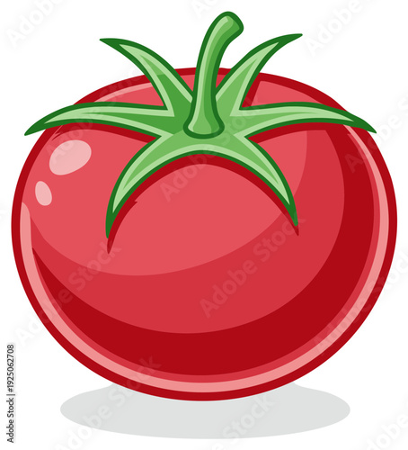 Cartoon illustration of a ripe tomato with green leaves