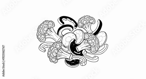 Abstract linework illustration of broccoli florets and sliced vegetables