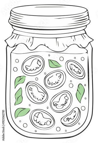 Pickled tomatoes canning jar line art preserving harvest vegetables basil