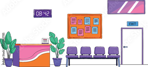 Modern vector illustration of a professional office reception area with waiting chairs potted plants digital clock and exit door,