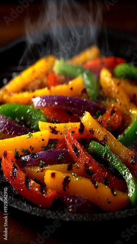 Grilled bell pepper fajita strips sizzling with steam