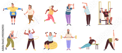 Seniors people exercises. Old man physical exercise, senior woman yoga fitness elder grandfather sport training grandmother workout gym pensioners set classy vector illustration
