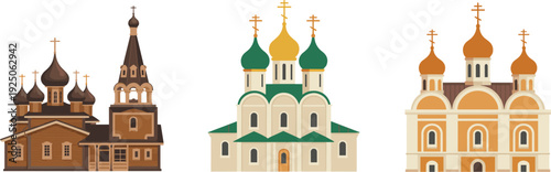 Three stylized Russian Orthodox churches with onion domes, wooden and ornate architecture, cultural religious landmarks illustration showcasing diverse traditional design vector art