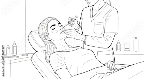 Cosmetic procedure in a treatment room, close-up line art