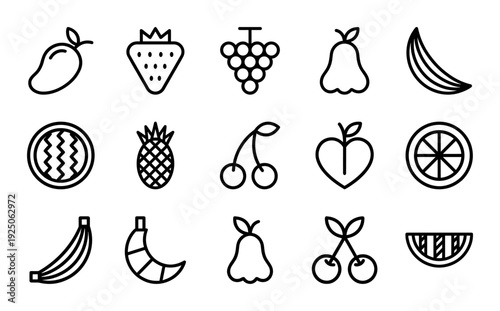 Organic fruit assortment and healthy eating icons in a minimal monoline aesthetic. Professional vector pictograms featuring seasonal harvest and tropical snacks for menu design.