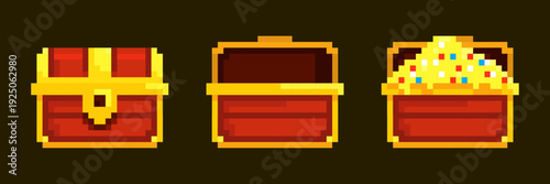 Pixel treasure chests. Wooden chest treasures open box, pixelart retro game icon mystery golden coin pirate gold money gem 8 bit video arcade ui travel kicky vector illustration