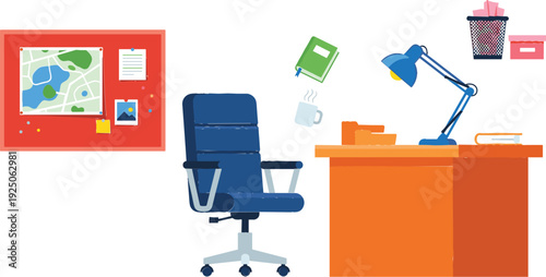 Vector illustration of a personal executive office desk with ergonomic chair lamp notice board and professional workspace elements,