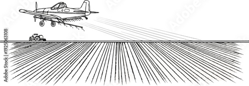 Agricultural plane spraying crops over a field with a tractor on the ground