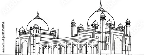 Detailed line drawing of a grand, symmetrical building with domes and minarets