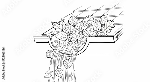 Autumn leaves clog a gutter, causing water to overflow and fall below