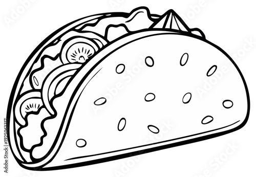 Black and white illustration of a taco with fillings.