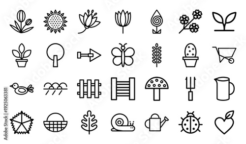 Garden and nature line art pictograms for sustainable landscaping and spring botanical branding. Monoline minimalist outdoor growth and horticulture elements.