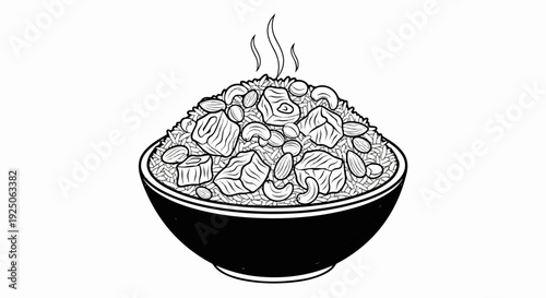 Black and white illustration of a steaming bowl of rice, meat, and nuts