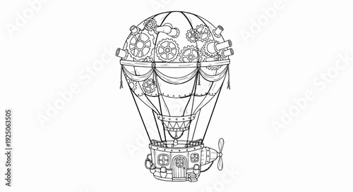Intricate steampunk hot air balloon with gears and propeller, outlined