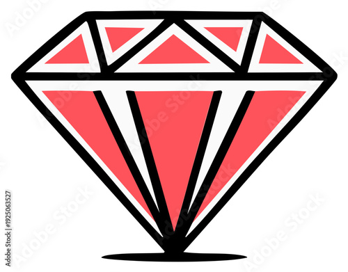 Stylized Pink Diamond Gemstone Icon with Geometric Facets and Black Outline