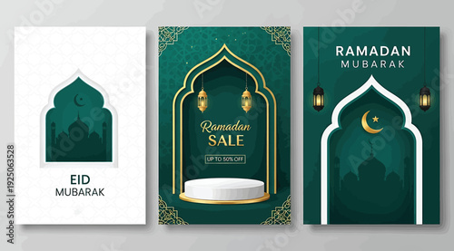 Ramadan mubarak and eid mubarak cards with green and white designs and lanterns on colored backgrounds