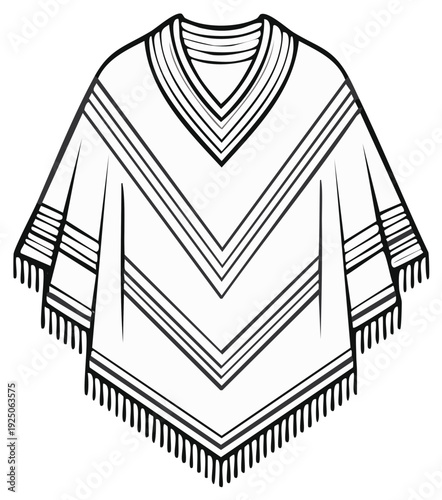 Traditional Poncho Garment Artwork Line Drawing Illustration Black and White