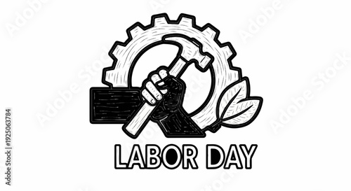 Fist grips hammer against gear, next to leaves, with "Labor Day" text below
