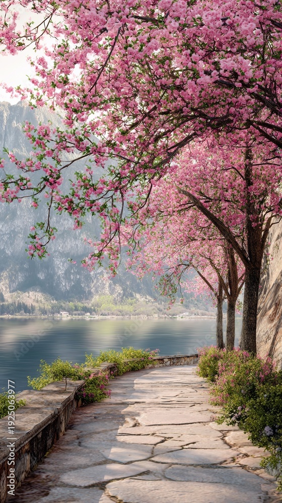 Fototapeta premium Lakeside path under pink cherry blossom trees