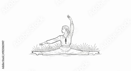 Woman in flowing outfit splits on grassy ground, one arm raised gracefully