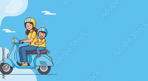 Family riding scooter on sunny day.