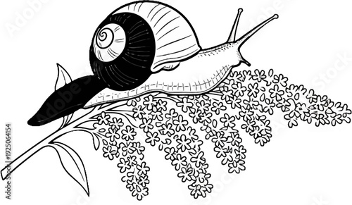Detailed illustration of a snail crawling on a flowering branch