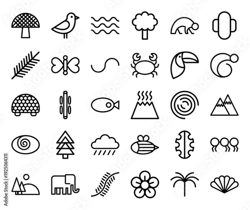 Nature and wildlife monoline pictograms for environmental branding. Minimalist chunky geometric elements featuring forest, ocean, and animal life.