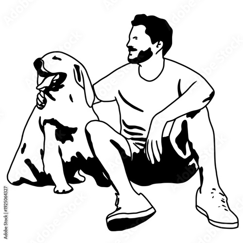 Illustration of a man sitting beside a happy dog, gently resting his arm around it. The scene highlights friendship, relaxation, and the strong bond between humans and pets.
