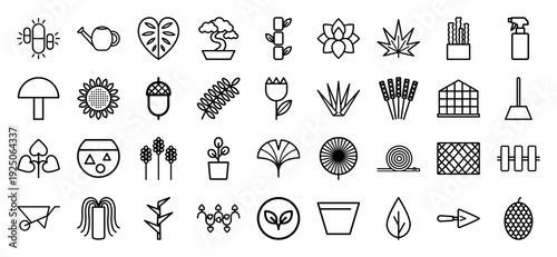 Sustainable gardening and botanical cultivation elements for landscaping. Professional monoline icons featuring greenhouse tools, potted plants, and diverse leaf species.