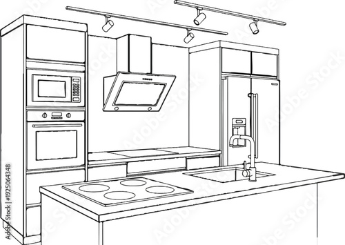 Modern kitchen illustration featuring integrated appliances and a sink island