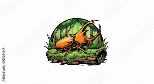 Orange rhinoceros beetle on mossy log in lush forest