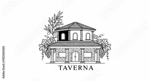 Ornate building with grapes and olives above the word Taverna