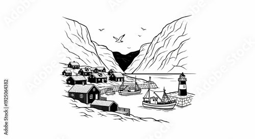 Coastal village nestled between mountains with fishing boats and a lighthouse