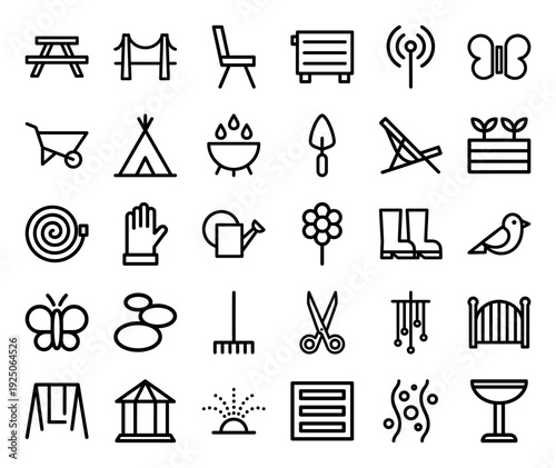 Garden landscaping and outdoor living monoline pictograms. Chunky geometric line art featuring horticulture tools, backyard furniture, and nature elements.