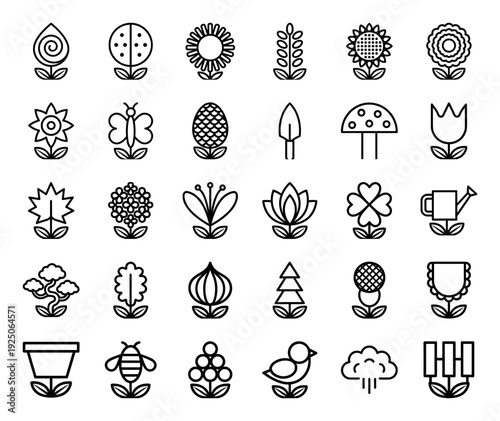 Garden and horticulture monoline icons for landscaping and botanical branding. Minimalist geometric symbols featuring floral growth, nature tools, and organic elements.