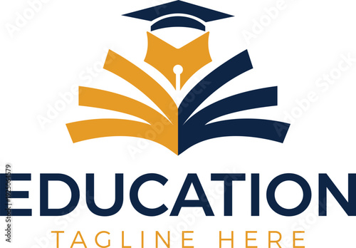 Academic Excellence Logo with Fountain Pen Graduate and Fanned Book Symbol, Professional Scholar Emblem Featuring Mortarboard Pen Nib and Open Literature Pages Vector Illustration