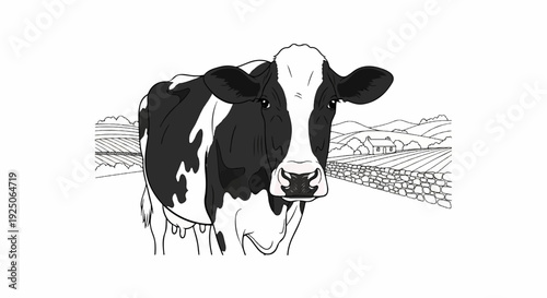 Black and white cow stands in front of a rural farm landscape